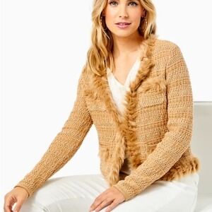 Lilly Pulitzer $198 Tan Knit Faux Fur Trim Preona Cardigan Jacket Sweater Medium